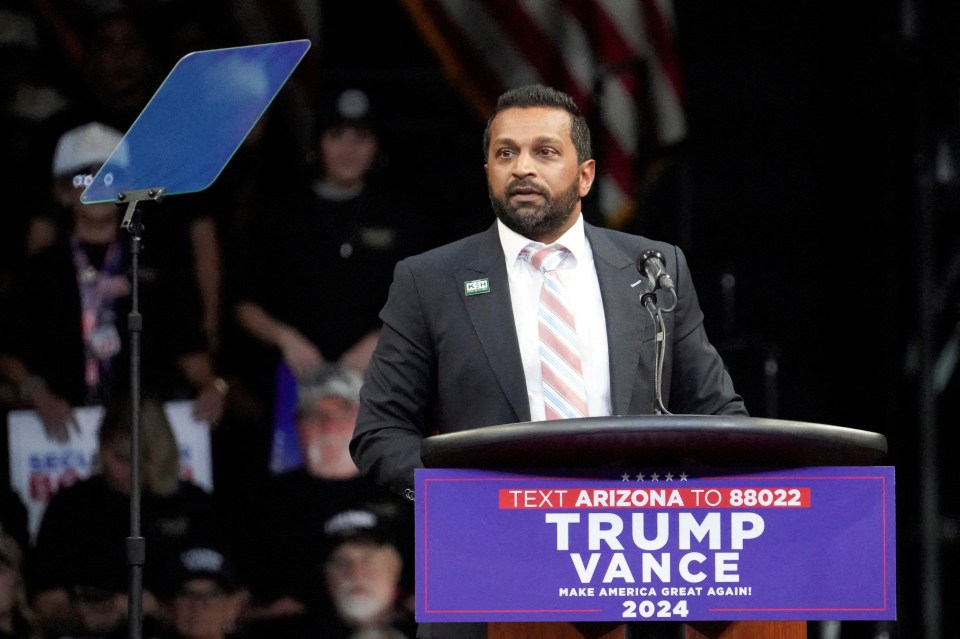 Kash Patel speaking at a Trump Vance 2024 rally.