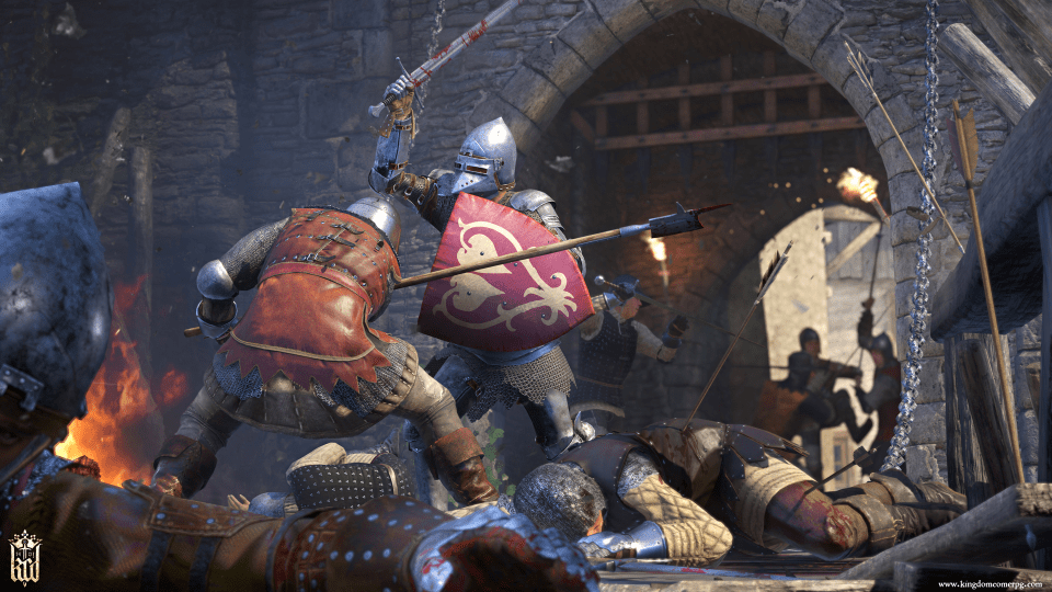 Medieval knights fighting a battle at a castle gate.