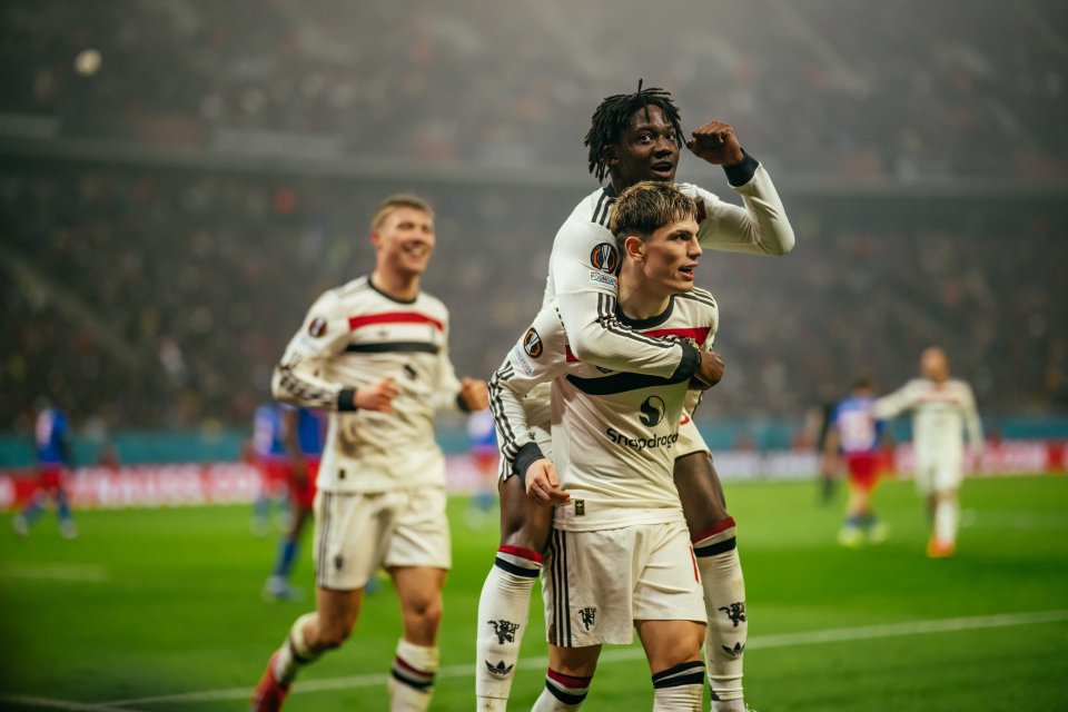 Manchester United players celebrating a goal.