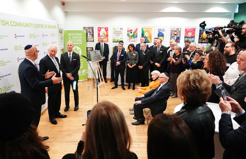 King Charles III meeting with Holocaust survivors at the Jewish Community Centre in Krakow.