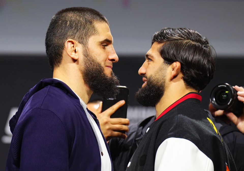 Islam Makhachev and Arman Tsarukyan facing off at a press conference.