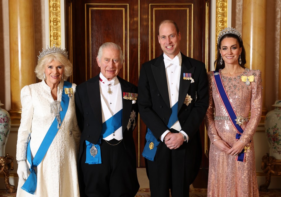 Queen Camilla, King Charles III, Prince William, and Catherine, Princess of Wales at a Diplomatic Reception.