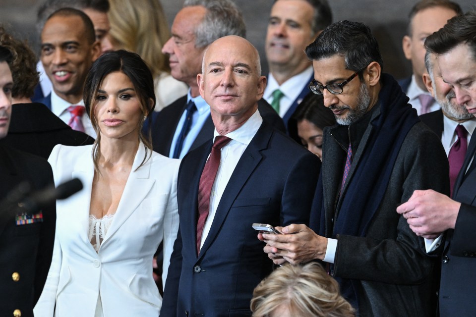 Jeff Bezos, Lauren Sanchez, Sundar Pichai, and Elon Musk at an inauguration ceremony.