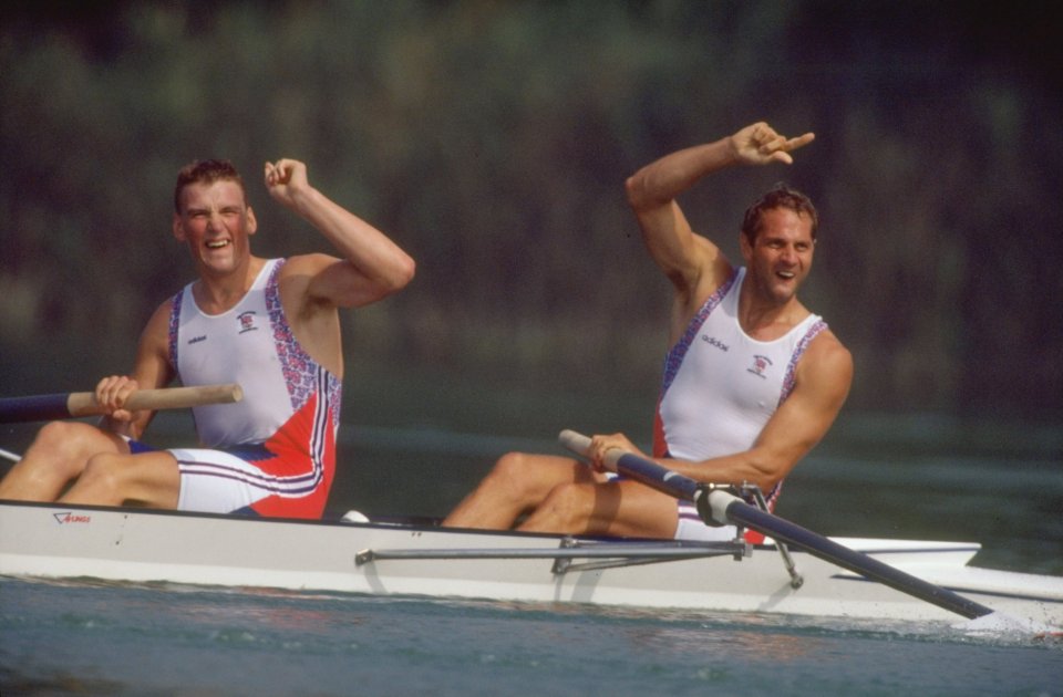 British rowers Steven Redgrave and Mathew Pinsent celebrating victory at the Olympic Games.