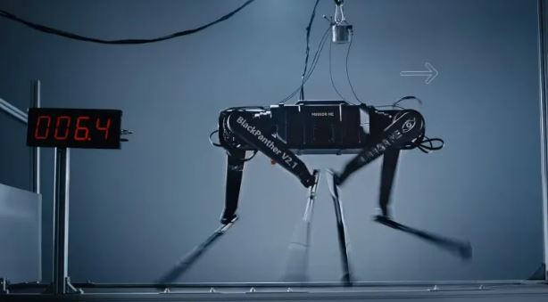 A quadrupedal robot, labeled "BlackPanther V2.1," running on a track, with a timer showing 6.4 seconds.