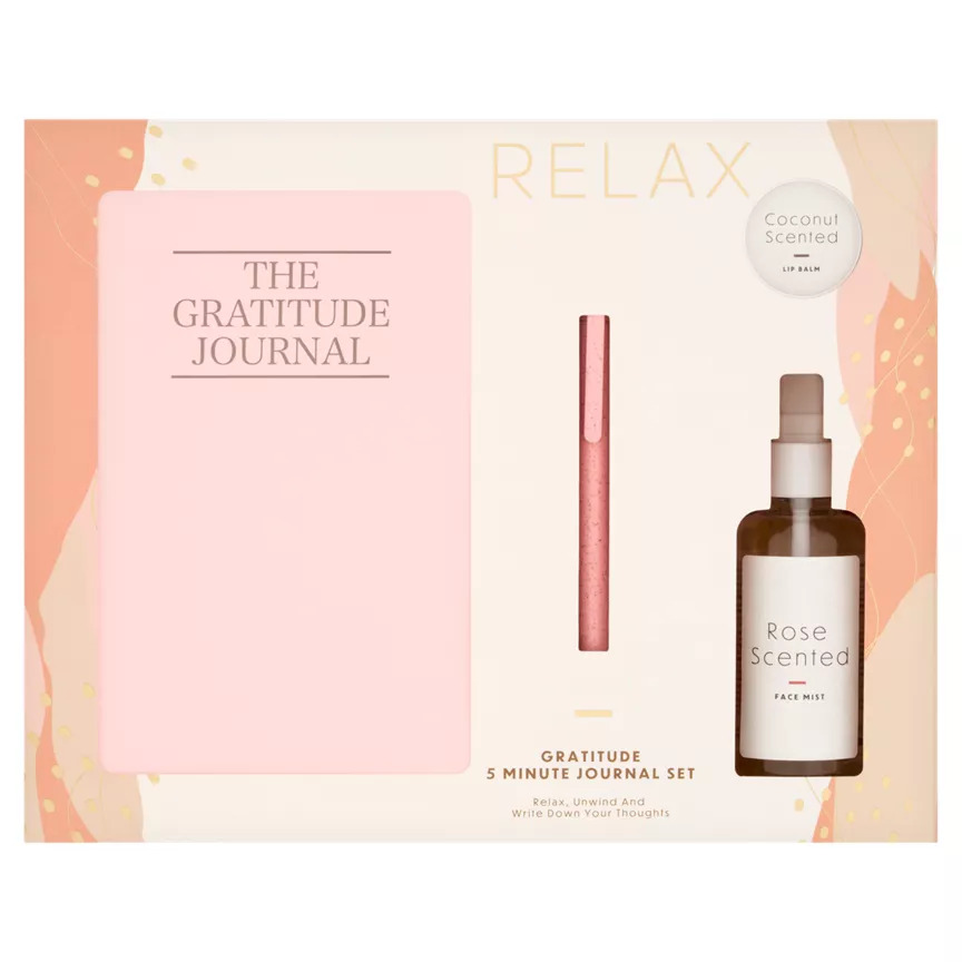 Gratitude 5-minute journal set with pen, lip balm, and face mist.