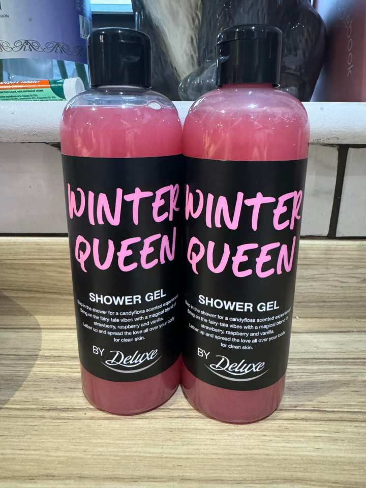 Two bottles of Lidl's Winter Queen shower gel, a Lush Snow Fairy dupe.