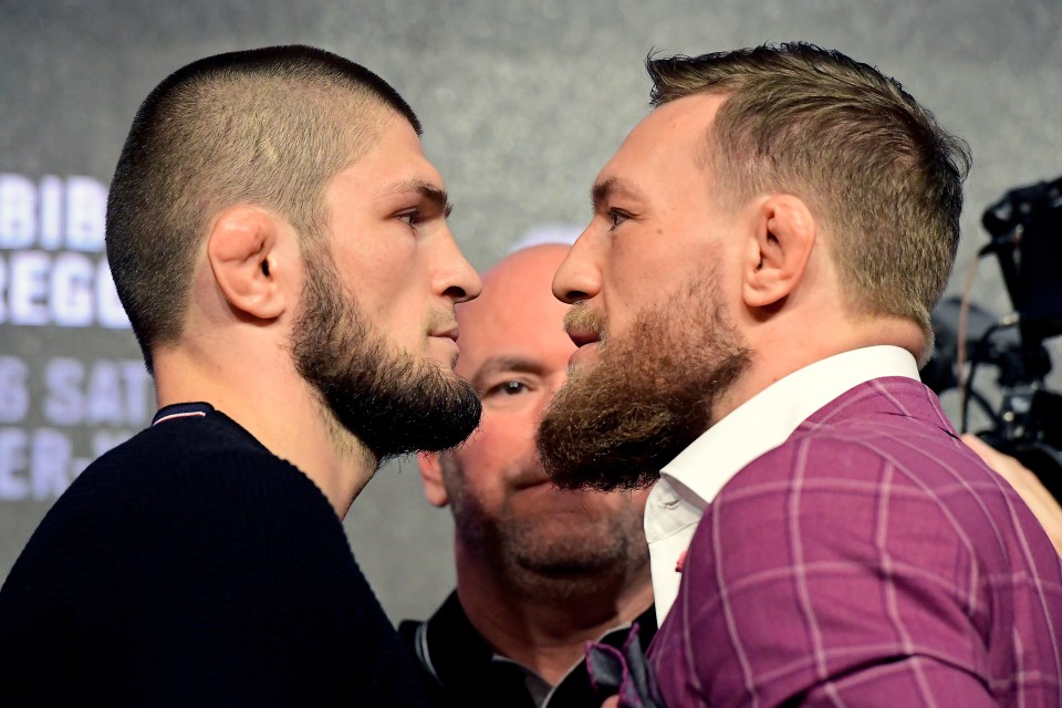 Khabib Nurmagomedov and Conor McGregor face off at a press conference.