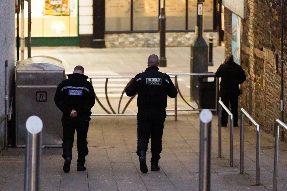 Two police officers patrolling a town center.