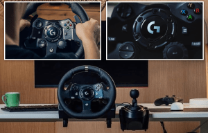 Logitech G923 Trueforce racing wheel and pedals on a desk.