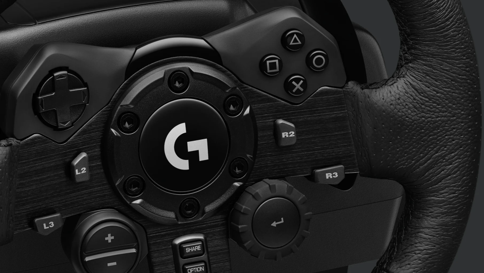 Close-up of a Logitech G923 Trueforce racing wheel for Playstation.