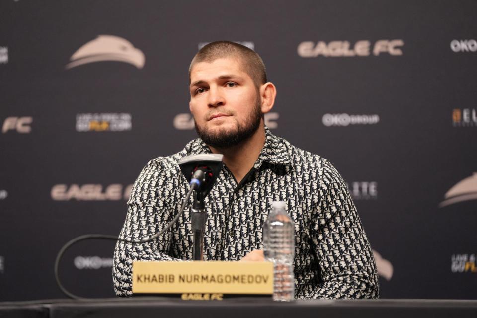 Khabib Nurmagomedov at a press conference.