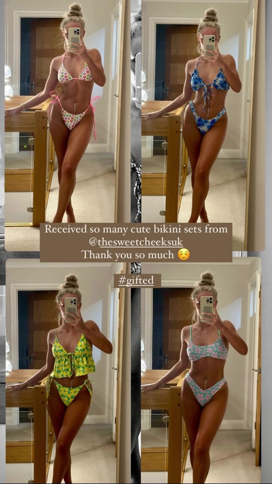 Collage of a woman modeling four different bikinis.