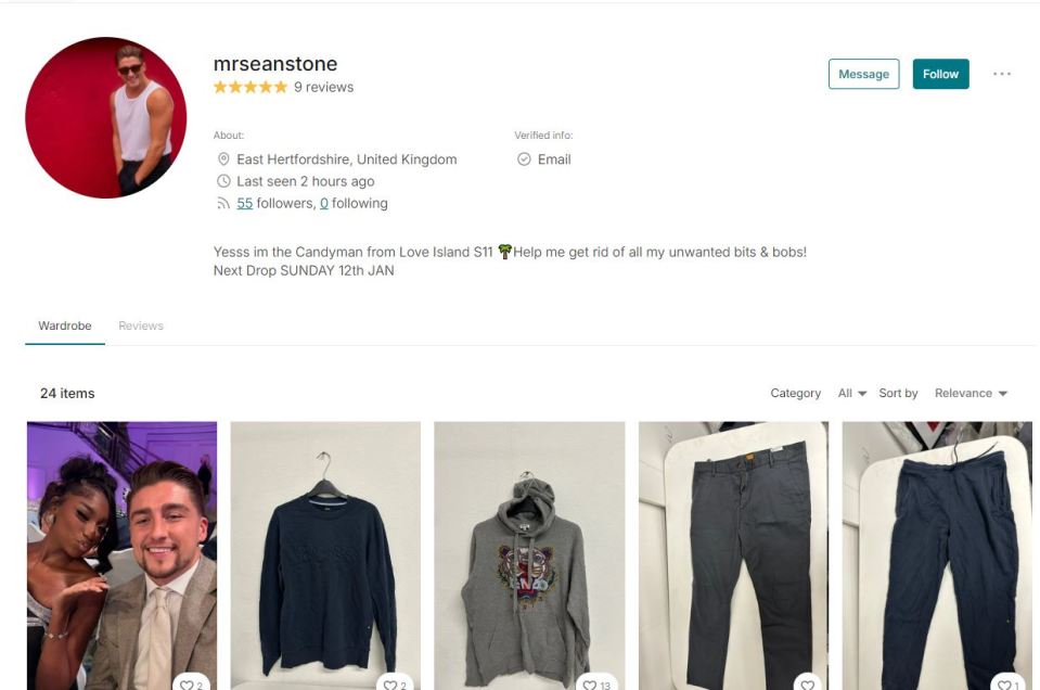 Love Island star Sean Stone selling his clothes online.