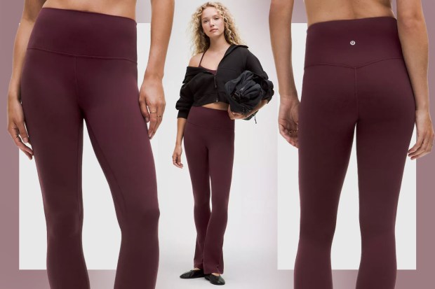 Burgundy flared leggings.