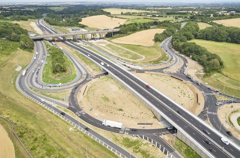 Aerial view of M2 junction 5 improvements, showing a new interchange replacing a roundabout.