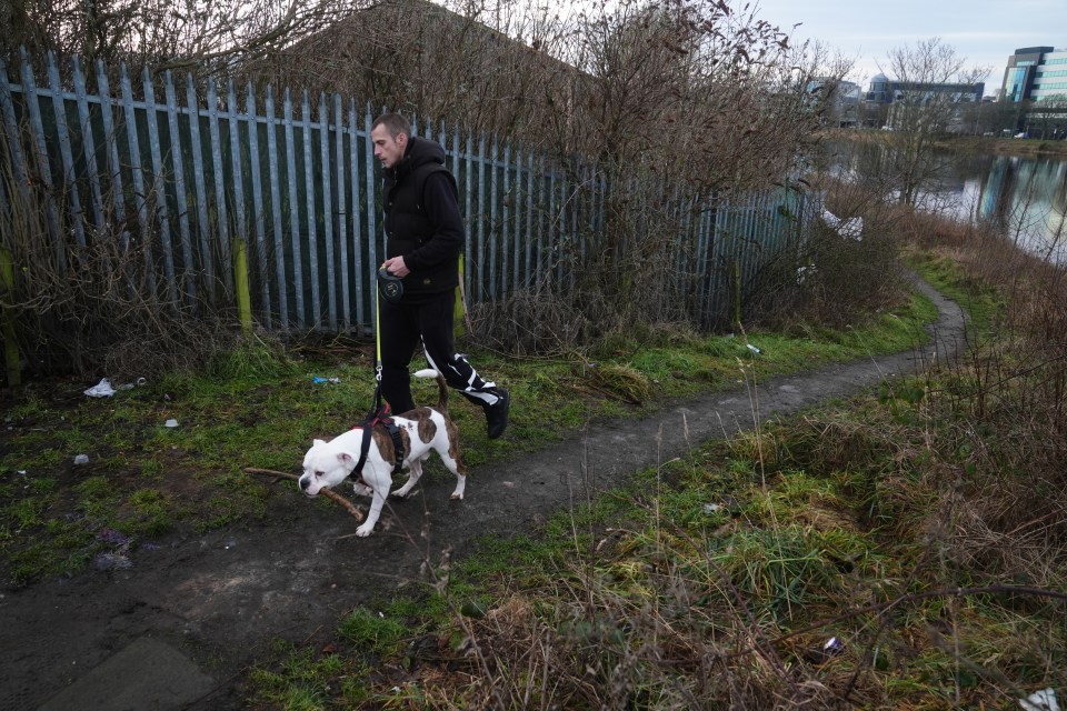 Man walking a dog on a path near a river.