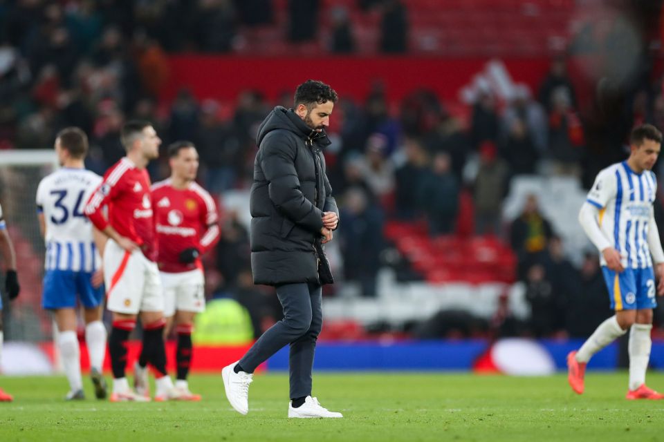 Ruben Amorim, Manchester United head coach, looking dejected on the pitch after a match.