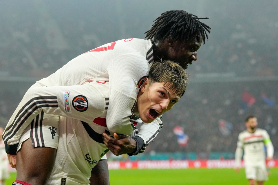 Manchester United's Kobbie Mainoo and Alejandro Garnacho celebrating a goal.