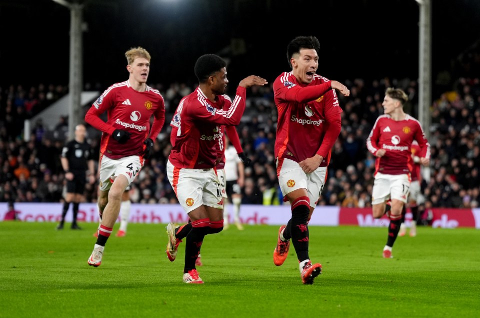 Lisandro Martinez and Manchester United teammates celebrating a goal.