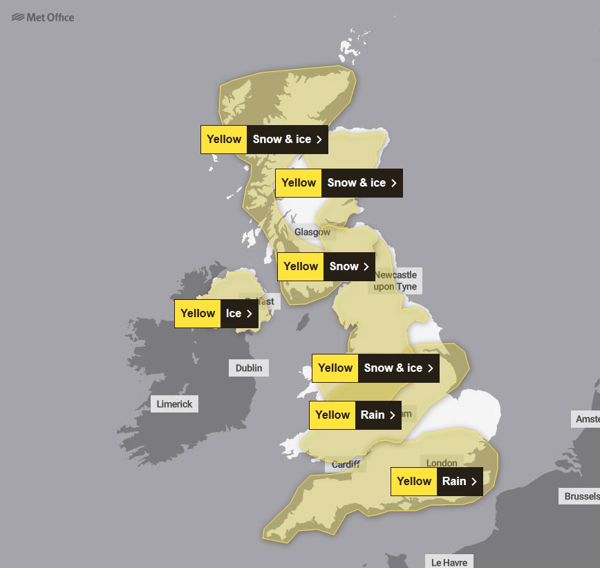 Seven yellow weather warnings remain in place today