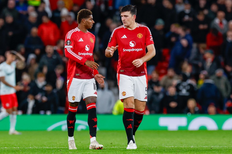 Marcus Rashford and Harry Maguire of Manchester United during a UEFA Europa League match.