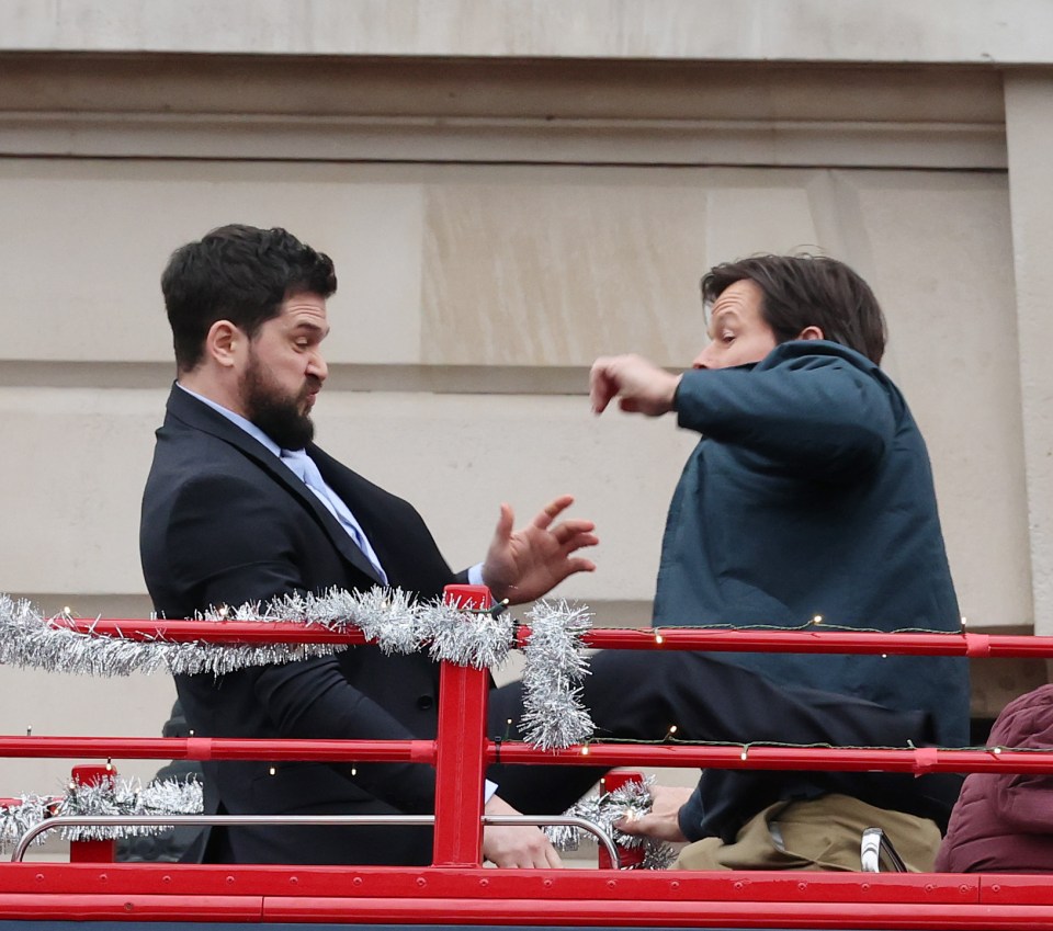 Mark Wahlberg and Kit Harington filming a scene for "The Family Plan 2."