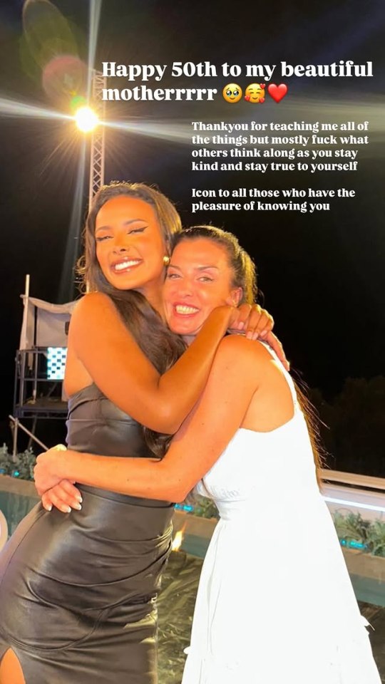 Maya Jama hugging her mother at her 50th birthday celebration.