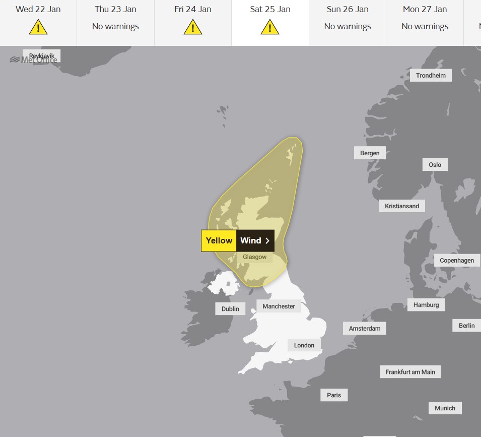 Map of weather warnings: yellow wind warning for Scotland on Saturday.