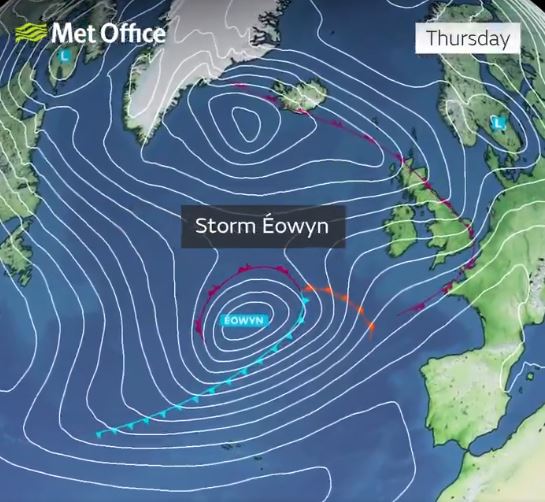 Weather map showing the path of Storm Éowyn.