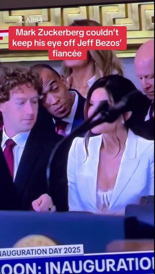 Screenshot of Mark Zuckerberg appearing to look at Jeff Bezos' fiancée at an inauguration.