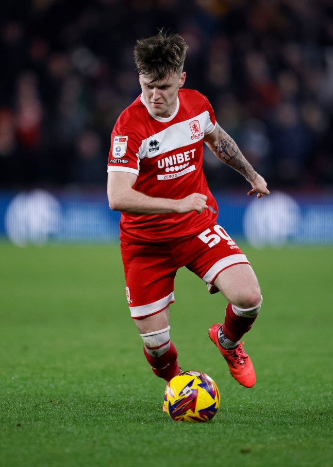 Ben Doak of Middlesbrough controls the ball during a soccer match.