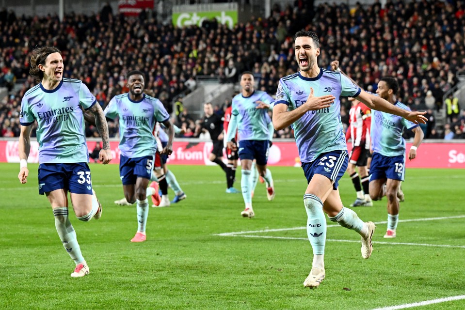 Mikel Merino of Arsenal celebrates scoring a goal.