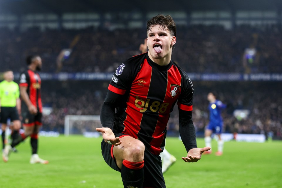 Milos Kerkez of AFC Bournemouth celebrating during a Premier League match.