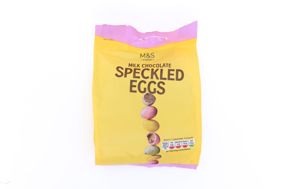 Bag of M&S milk chocolate speckled eggs.