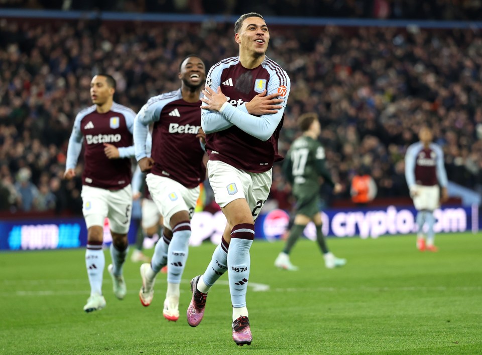 Aston Villa's Morgan Rogers celebrates scoring a goal.