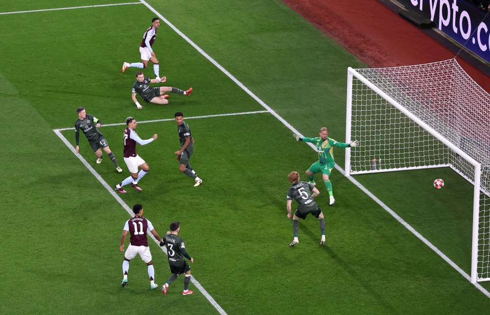 Morgan Rogers of Aston Villa scoring a goal against Celtic.