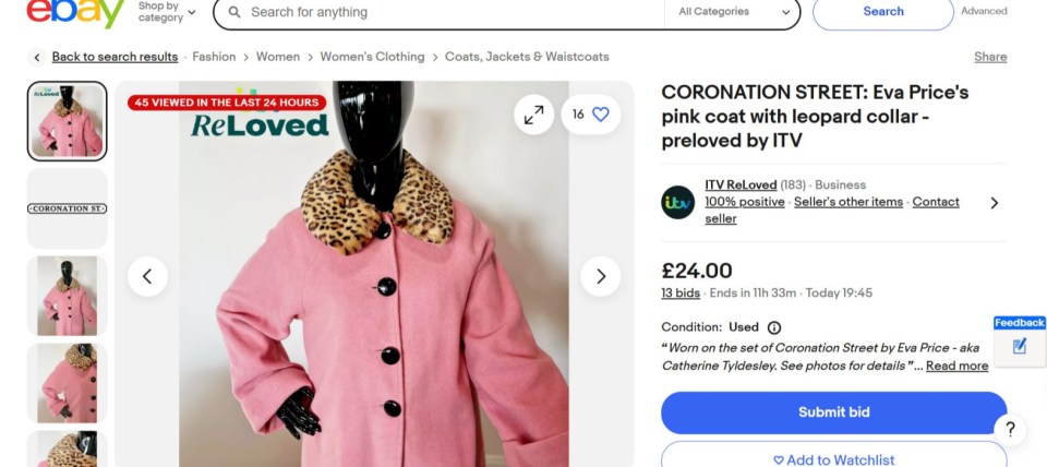 Pink coat with leopard collar, worn by Eva Price on Coronation Street, for sale on eBay.