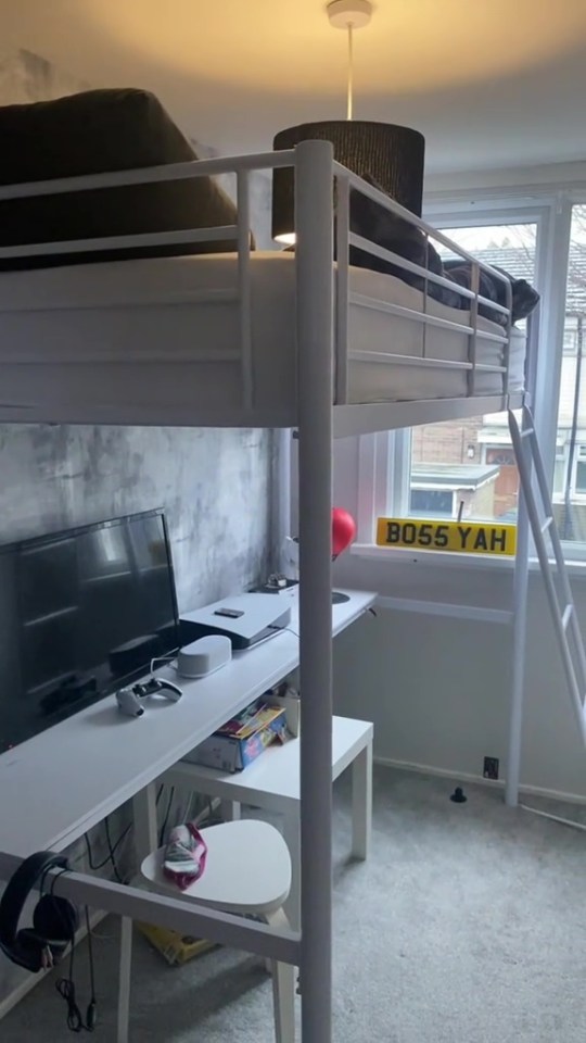 An eleven-year-old's new loft bed with a built-in desk.