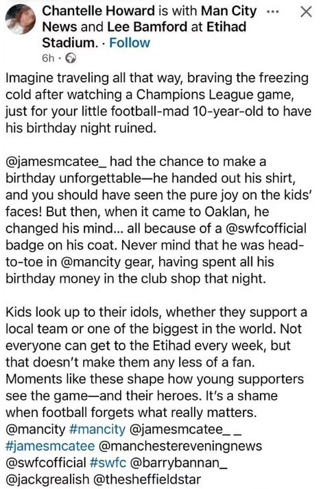 Screenshot of a Facebook post criticizing James McAtee for refusing to give a young fan his shirt.