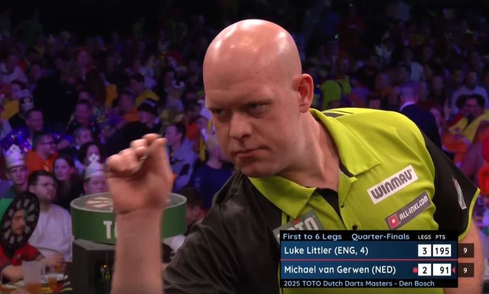 Michael van Gerwen throwing a dart during a darts match.