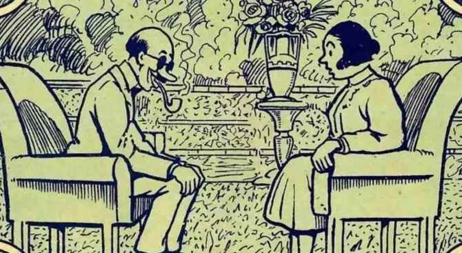 Illustration of two people sitting in chairs outdoors, looking at a vase of flowers.