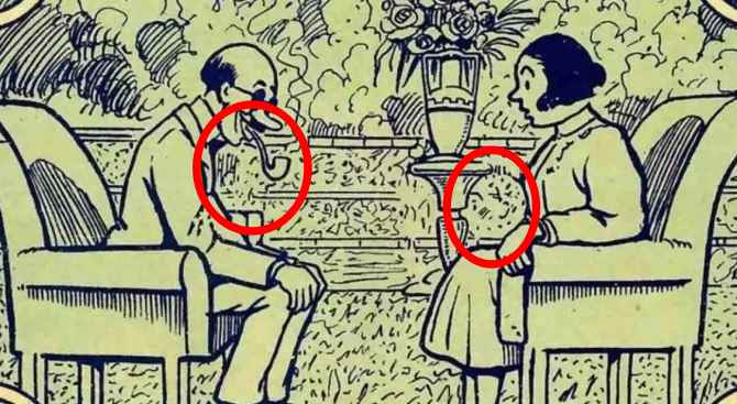 Illustration of a brainteaser: two faces hidden among a couple sitting in a garden.