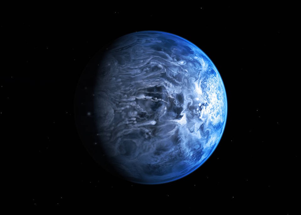 Illustration of a blue planet in space.