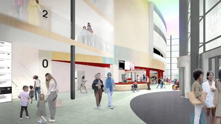 National Science and Media Museum, Bradford: interior rendering showing visitors in the lobby.