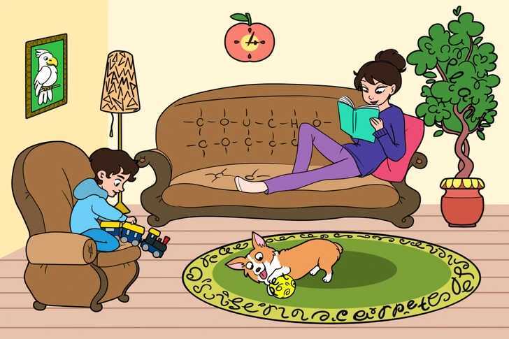 Illustration of a family relaxing at home; a woman reads a book on a couch, a child plays with a toy train, and a dog plays with a ball on a rug.  The word "carpet" is hidden in the rug's design.