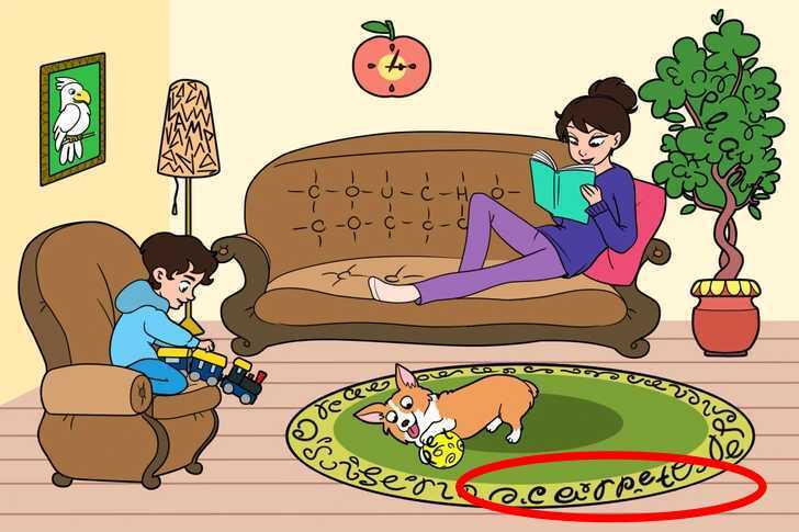 Illustration of a family in a living room; the word "carpet" is hidden in a rug.