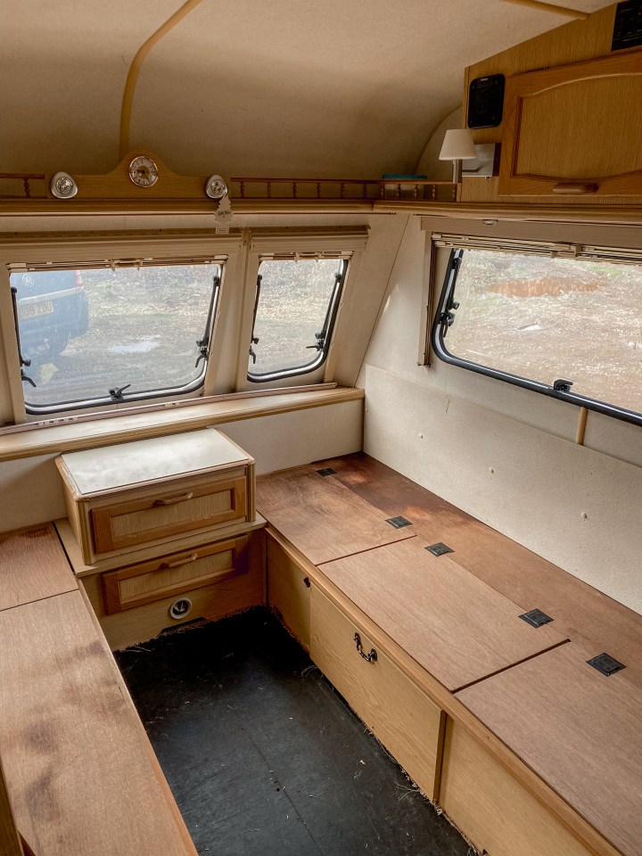 Interior of a caravan under renovation.