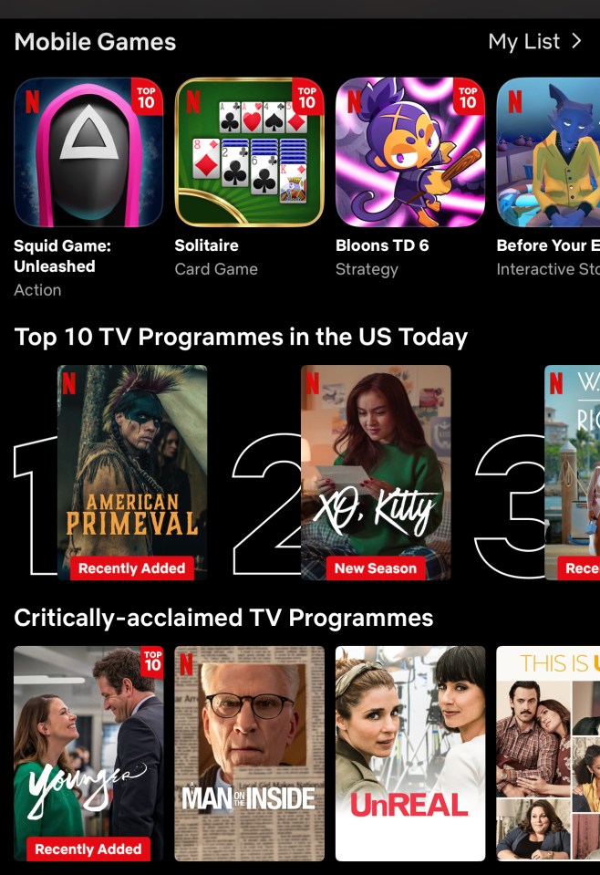 Netflix app interface showing top 10 mobile games and TV programmes.