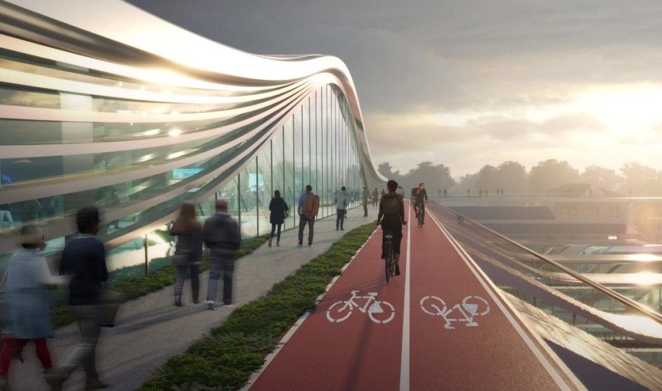 Illustration of Vilnius, Lithuania's new train station with a bike path.